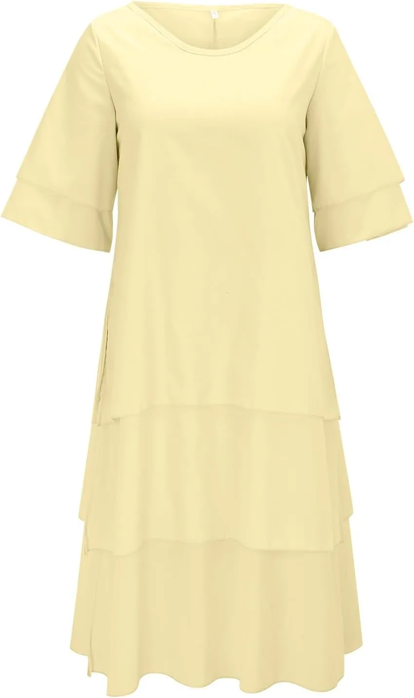 Women's Linen Dresses Layered Short Sleeve Crew Neck Dresses Loose Fit Long Dresses Summer Irregular Flowy Boho Dress