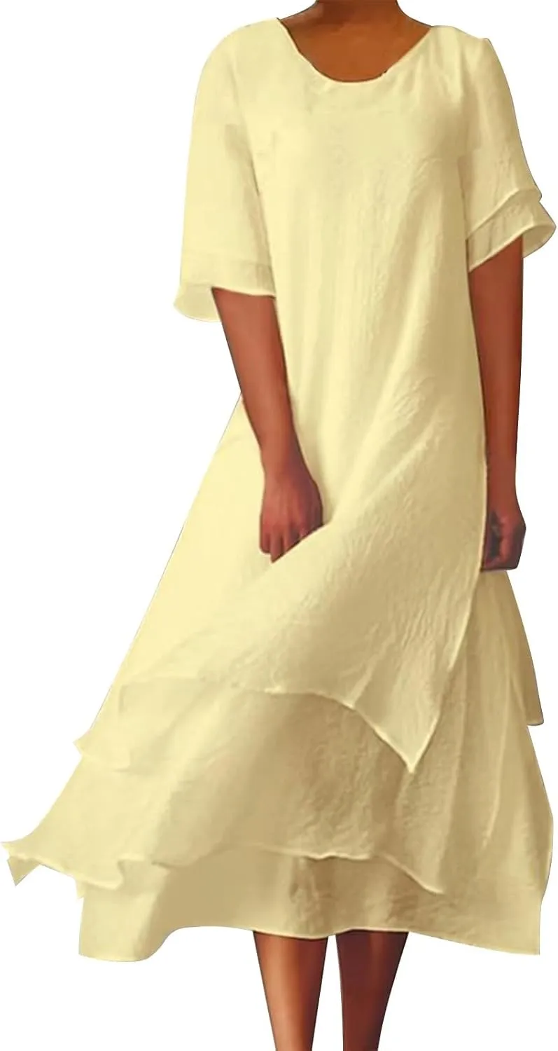 Women's Linen Dresses Layered Short Sleeve Crew Neck Dresses Loose Fit Long Dresses Summer Irregular Flowy Boho Dress