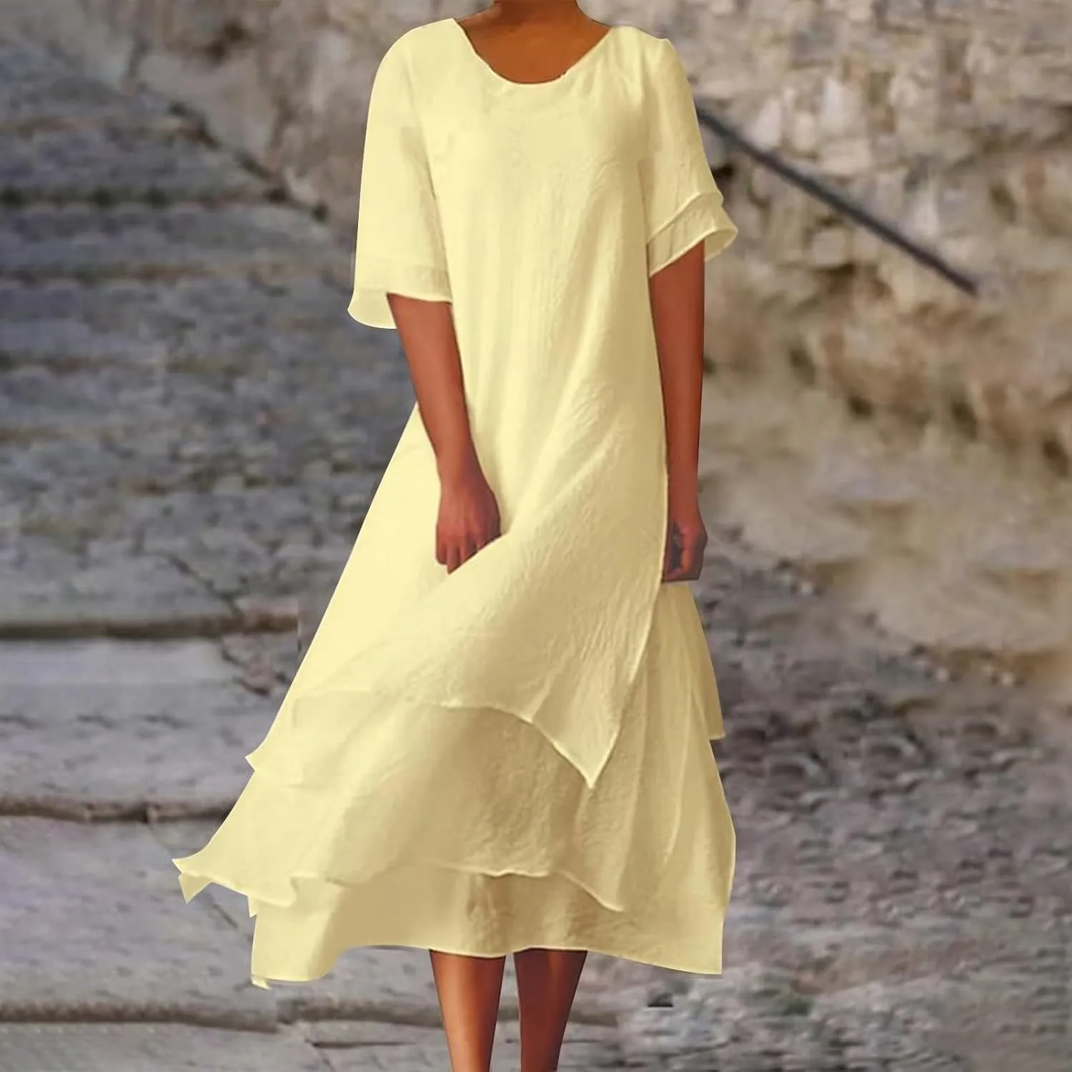 Women's Linen Dresses Layered Short Sleeve Crew Neck Dresses Loose Fit Long Dresses Summer Irregular Flowy Boho Dress