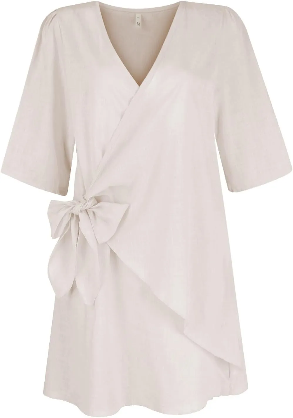 Womens Linen Mini Dress Summer Cross V-Neck Half Sleeve Dresses Casual Lightweight Wrap Tie Waist Bodycon Dresses