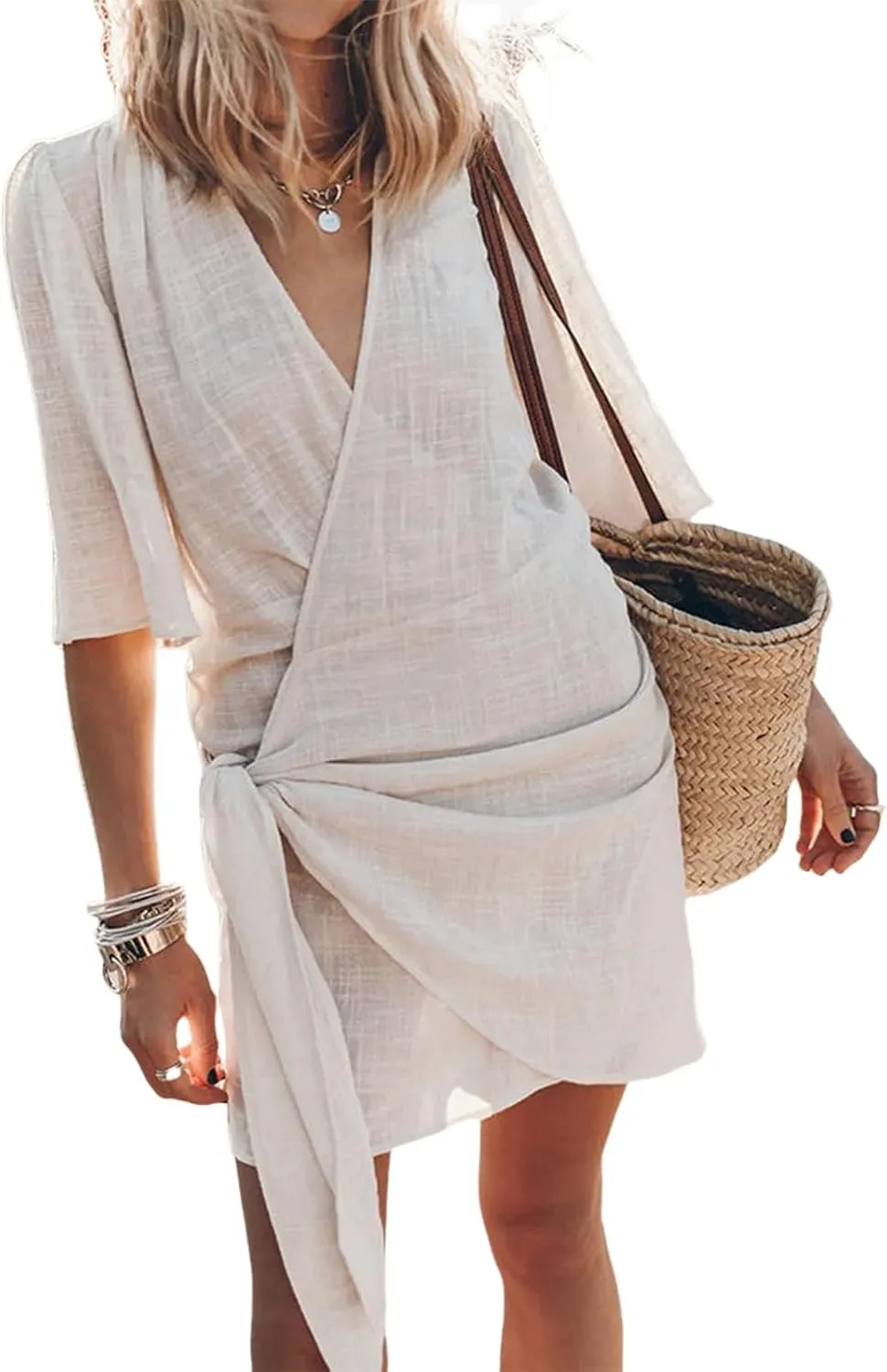 Womens Linen Mini Dress Summer Cross V-Neck Half Sleeve Dresses Casual Lightweight Wrap Tie Waist Bodycon Dresses