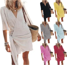 Womens Linen Mini Dress Summer Cross V-Neck Half Sleeve Dresses Casual Lightweight Wrap Tie Waist Bodycon Dresses