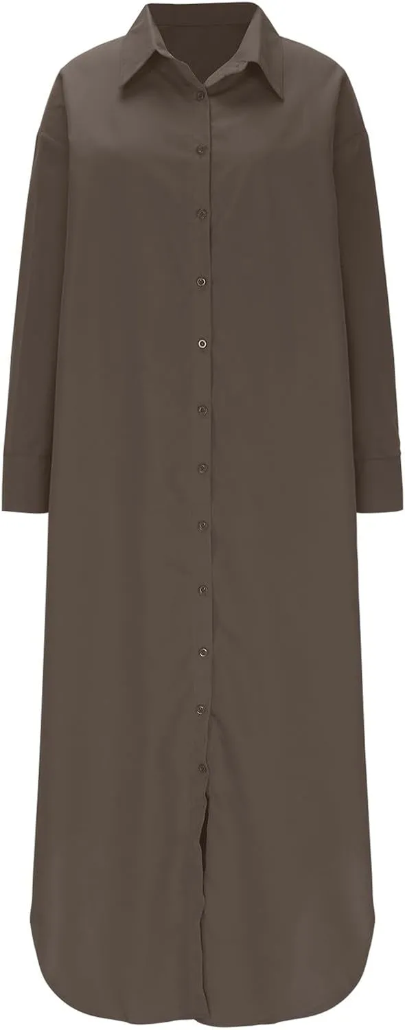 Women's Oversized Long Sleeve Shirt Dress Loose Fit Casual Lapel V Neck Button Down Boyfriend Maxi Dresses