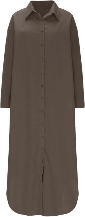 Women's Oversized Long Sleeve Shirt Dress Loose Fit Casual Lapel V Neck Button Down Boyfriend Maxi Dresses