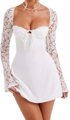 Womens Square Neck Bodycon Mini Dress Retro Lace Floral Long Sleeve Flare Hem Club Party Night Out Dress