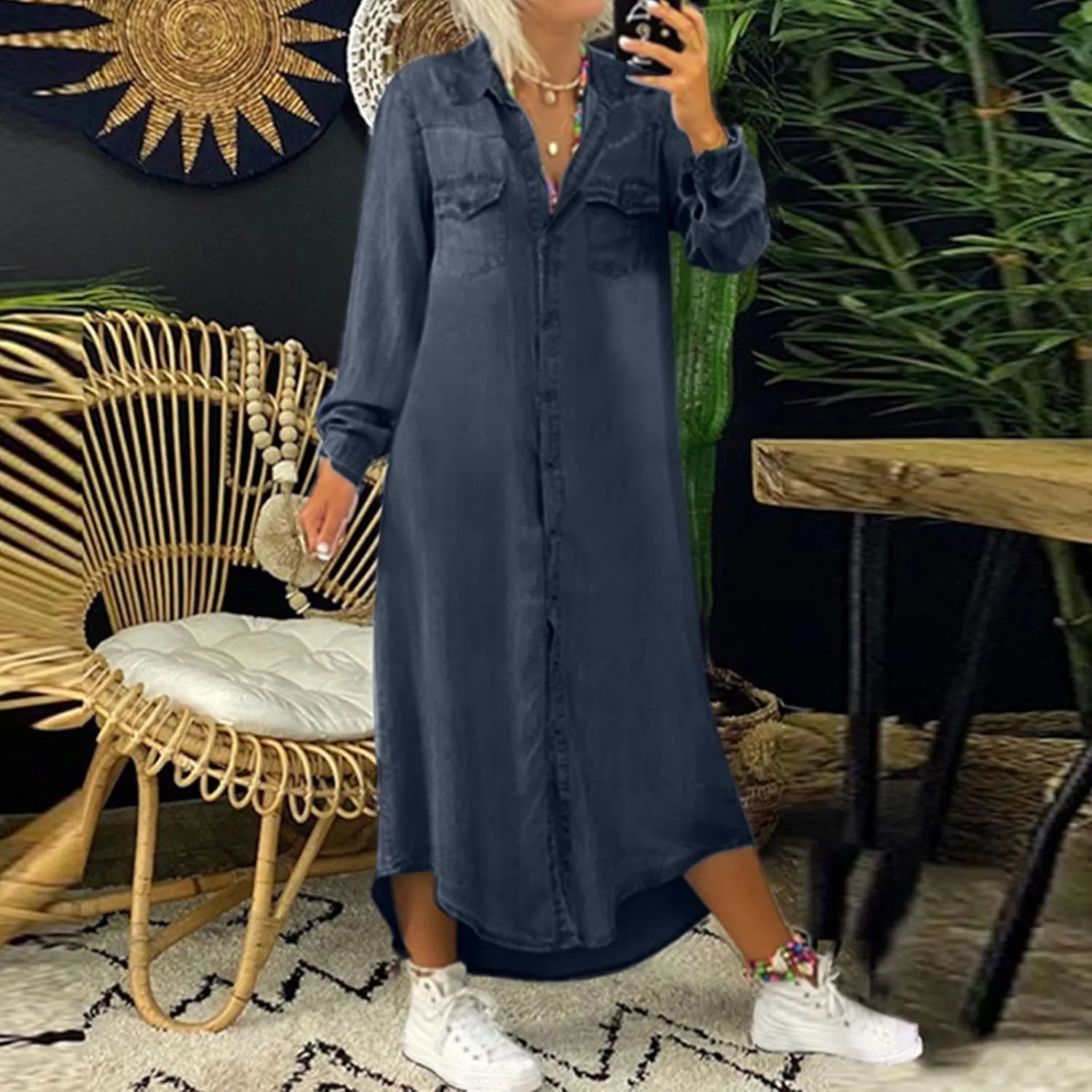 Womens Summer Denim Maxi Shirt Dress Long Sleeve Button Down Casual Loose Fit Blouse V Neck Pocket