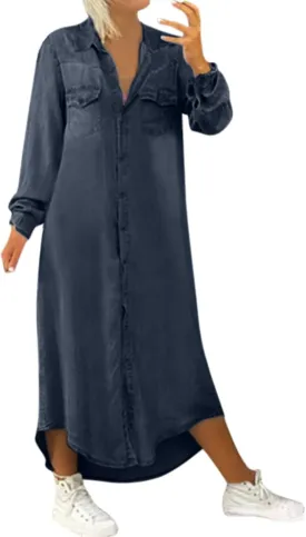 Womens Summer Denim Maxi Shirt Dress Long Sleeve Button Down Casual Loose Fit Blouse V Neck Pocket
