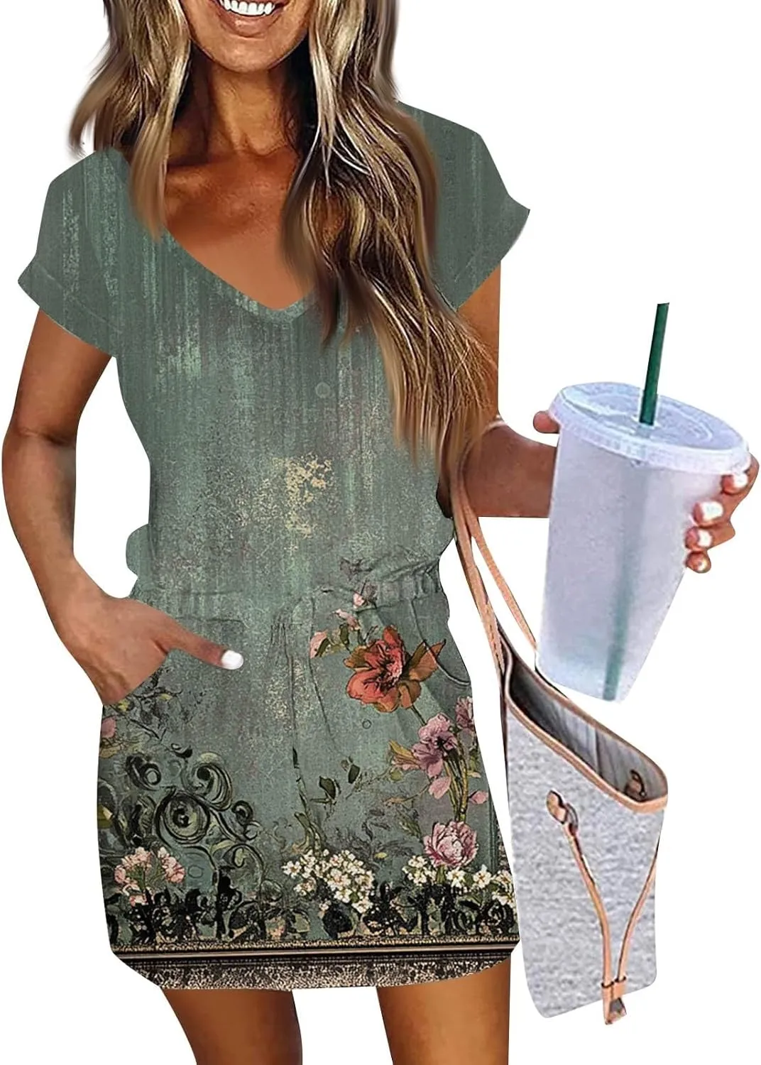 Womens Summer Dress Short Sleeve V Neck Sundresses for Women 2025 Casual Drawstring A-Line Mini Dresses with Pockets