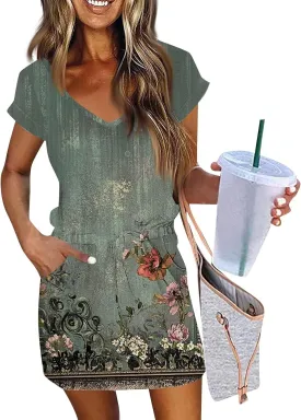 Womens Summer Dress Short Sleeve V Neck Sundresses for Women 2025 Casual Drawstring A-Line Mini Dresses with Pockets