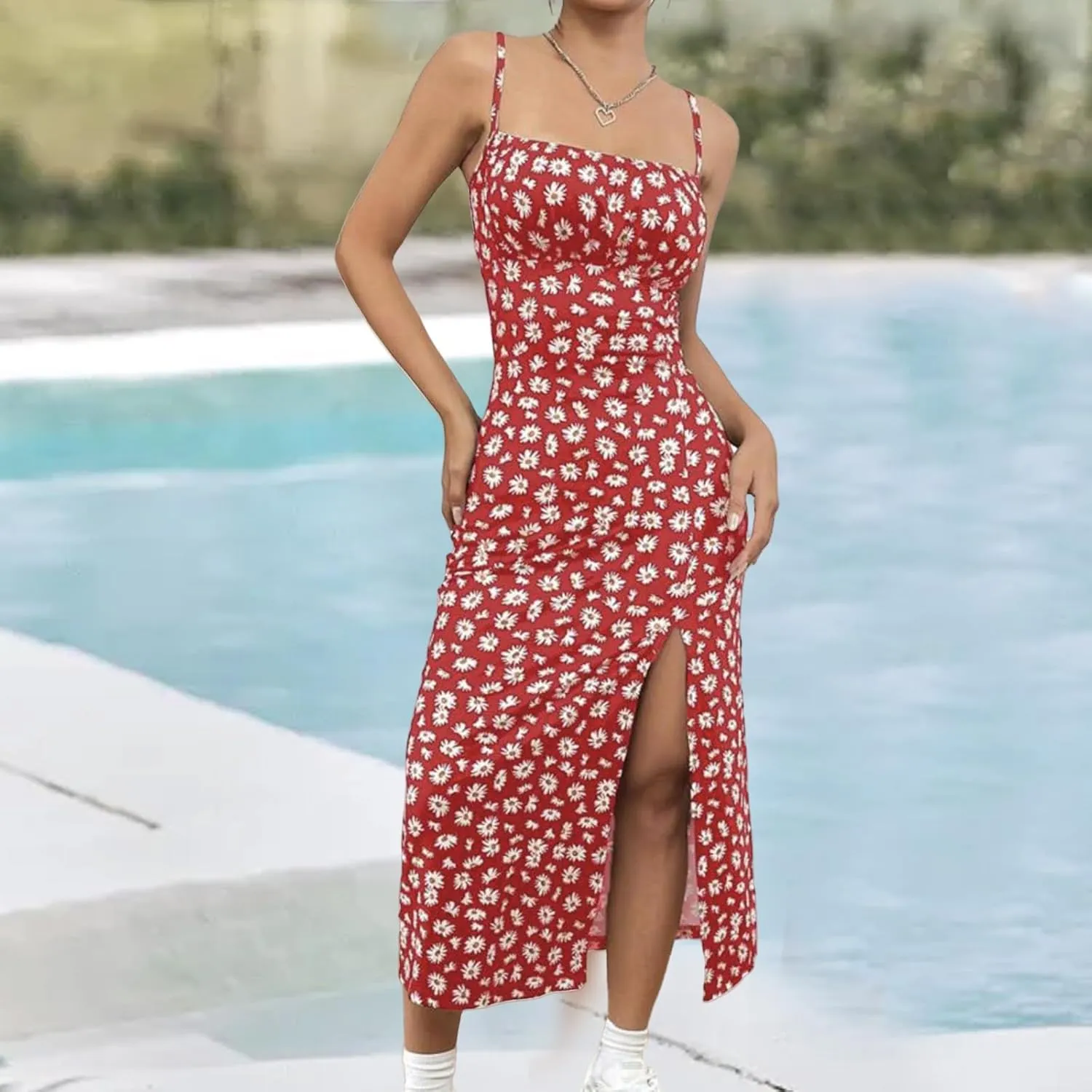 Women's Summer Fashion Floral Dress Sexy Split Thigh Spaghetti Strap Midi Dress Square Neck Boho Vacation Sundress