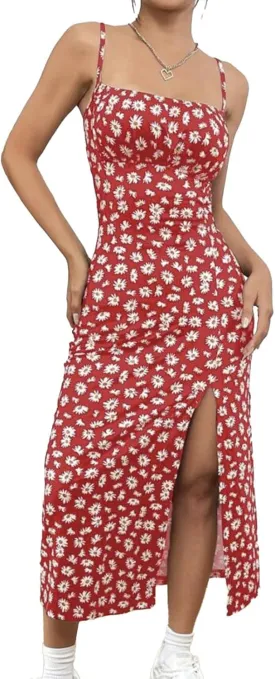 Women's Summer Fashion Floral Dress Sexy Split Thigh Spaghetti Strap Midi Dress Square Neck Boho Vacation Sundress