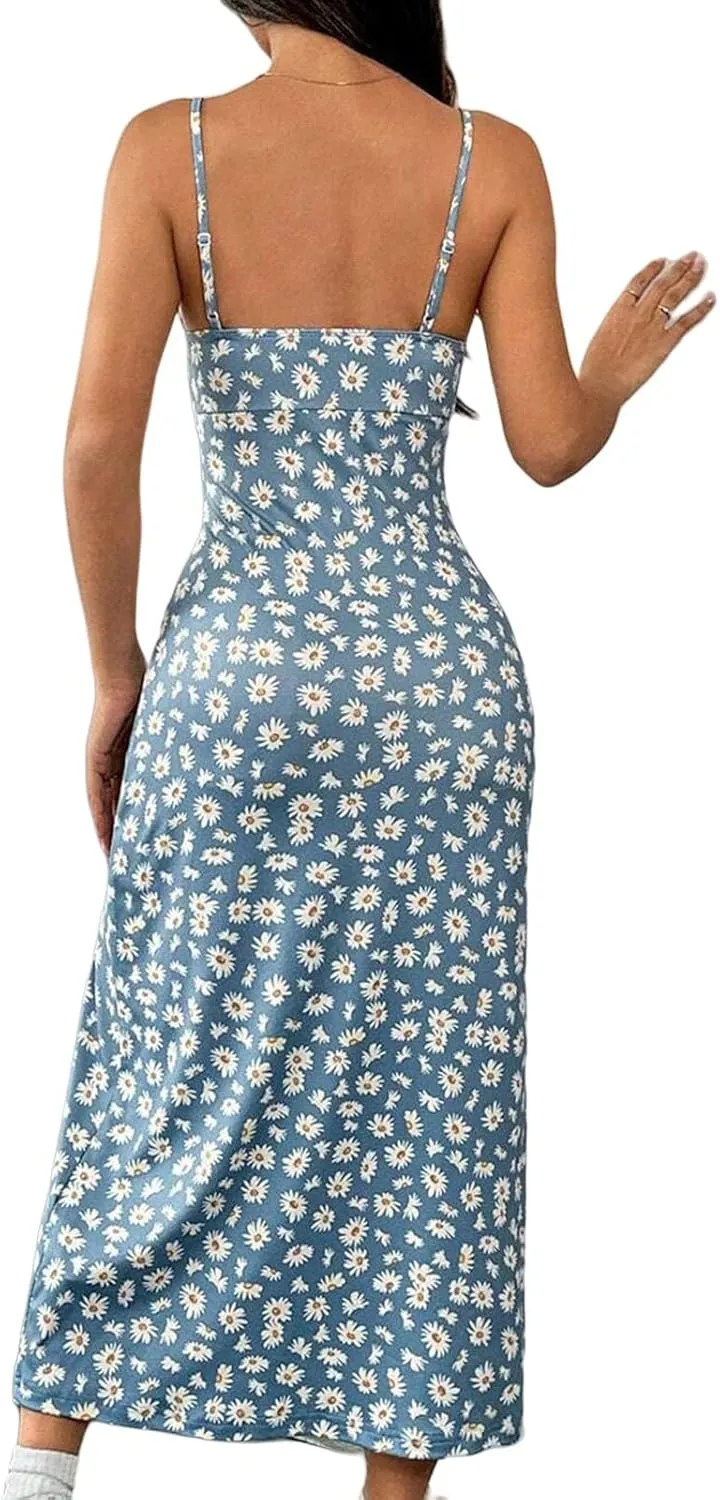 Women's Summer Fashion Floral Dress Sexy Split Thigh Spaghetti Strap Midi Dress Square Neck Boho Vacation Sundress