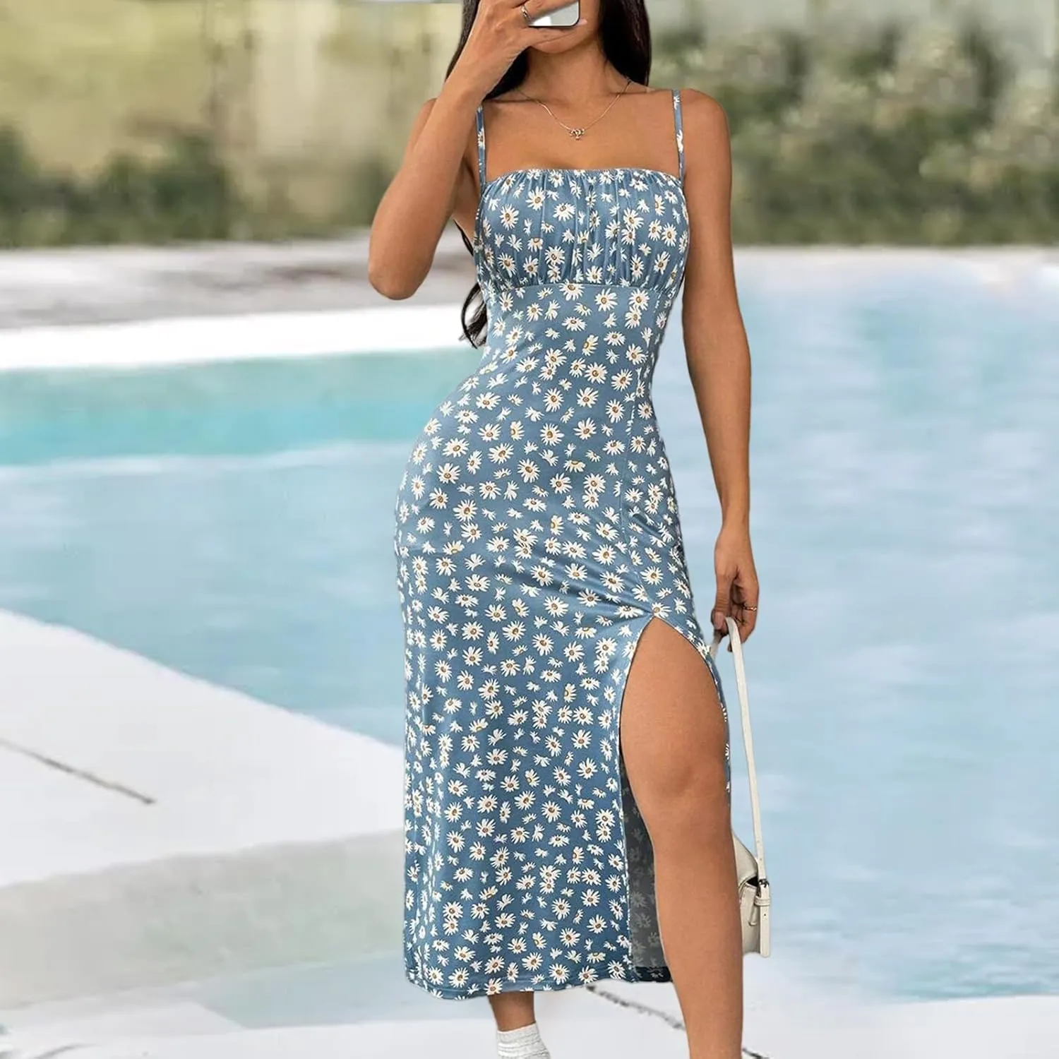 Women's Summer Fashion Floral Dress Sexy Split Thigh Spaghetti Strap Midi Dress Square Neck Boho Vacation Sundress