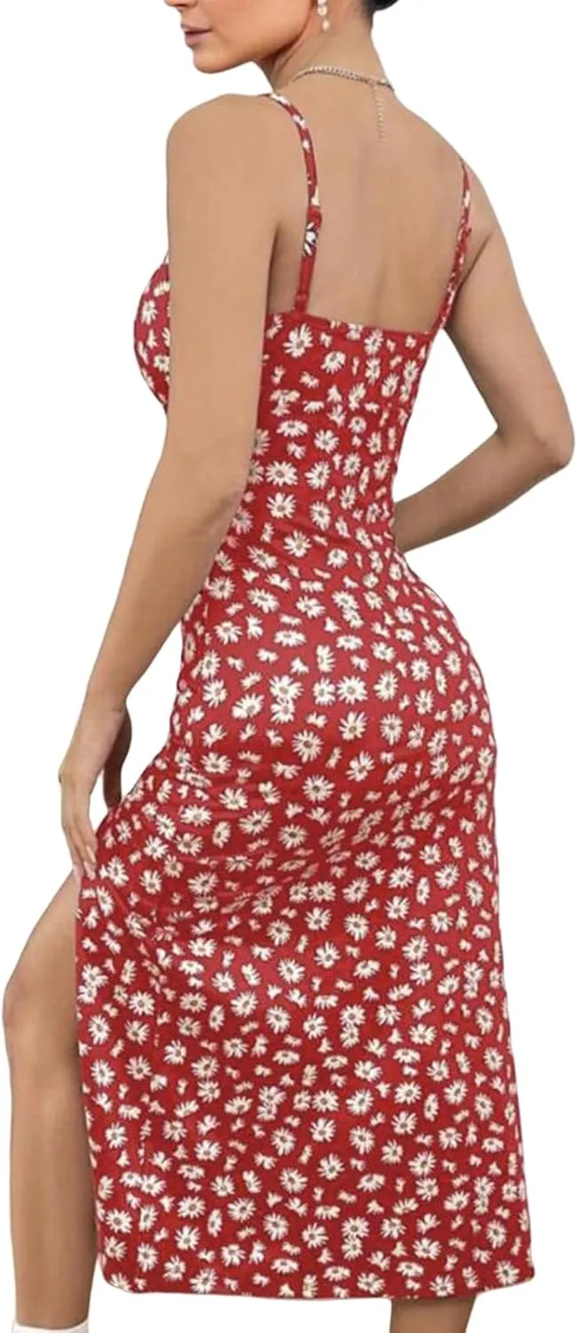 Women's Summer Fashion Floral Dress Sexy Split Thigh Spaghetti Strap Midi Dress Square Neck Boho Vacation Sundress