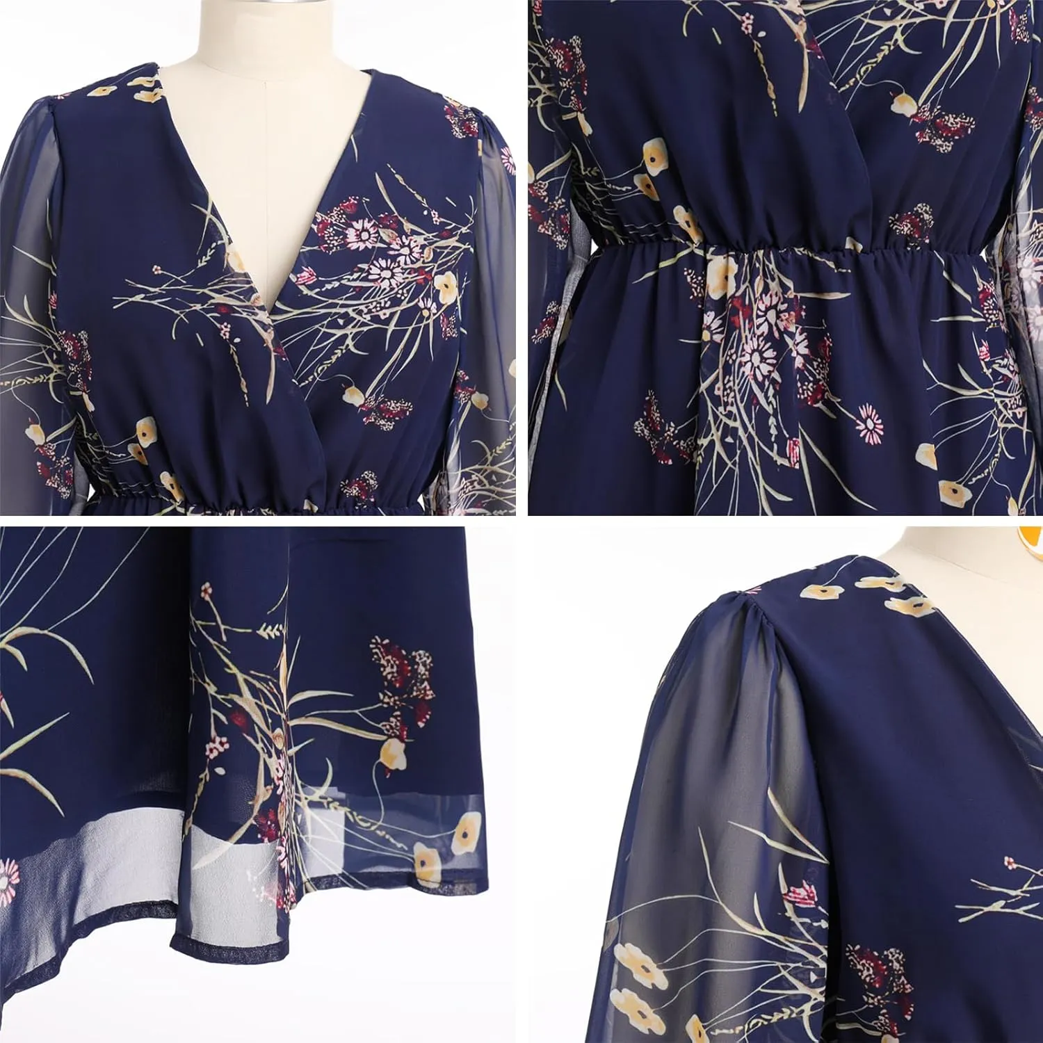 Women's V Neck Long Sleeve Floral Mini Dress A-line Chiffon Cocktail Party Wedding Guest Spring Fall Dresses