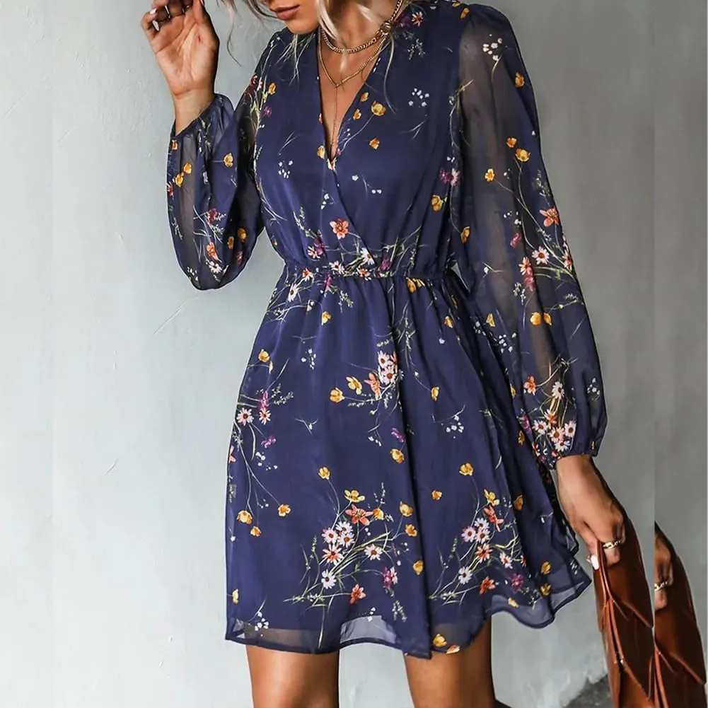Women's V Neck Long Sleeve Floral Mini Dress A-line Chiffon Cocktail Party Wedding Guest Spring Fall Dresses