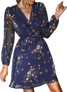 Women's V Neck Long Sleeve Floral Mini Dress A-line Chiffon Cocktail Party Wedding Guest Spring Fall Dresses