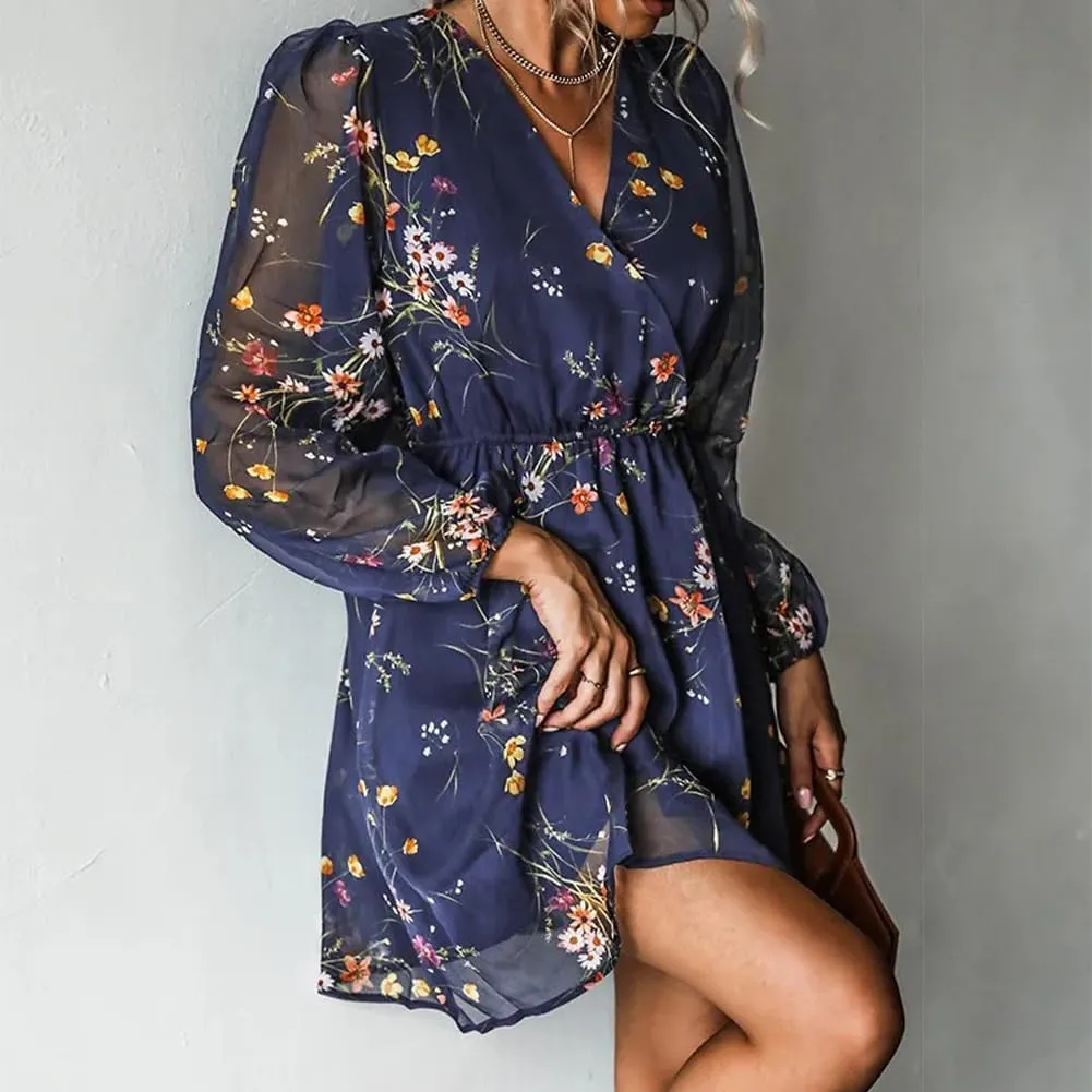 Women's V Neck Long Sleeve Floral Mini Dress A-line Chiffon Cocktail Party Wedding Guest Spring Fall Dresses