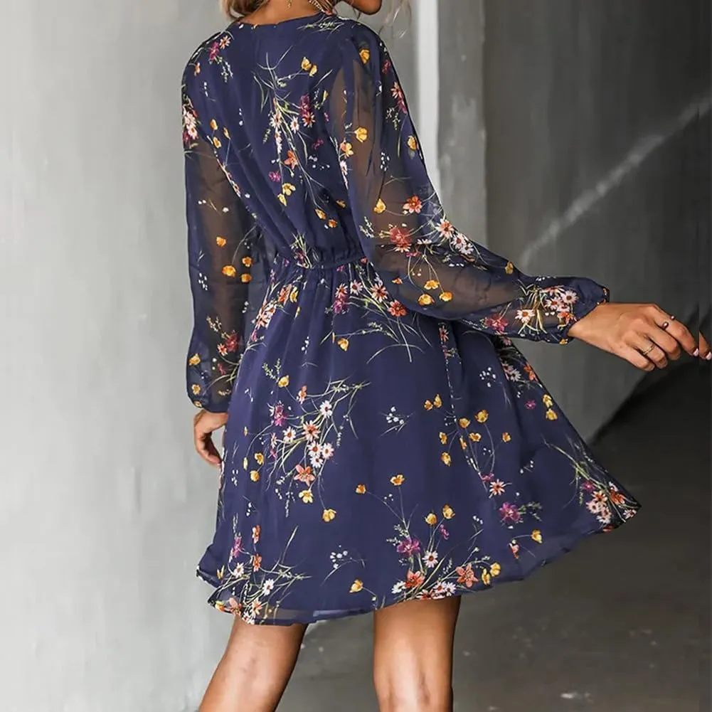 Women's V Neck Long Sleeve Floral Mini Dress A-line Chiffon Cocktail Party Wedding Guest Spring Fall Dresses