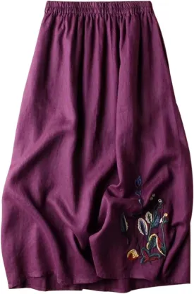 Womens Vintage Floral Embroidered Cotton Linen Skirt A Line Elastic Waist Lightweight Breathable Versatile Midi Skirt