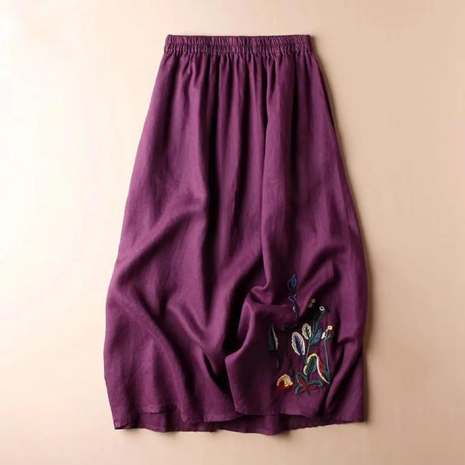Womens Vintage Floral Embroidered Cotton Linen Skirt A Line Elastic Waist Lightweight Breathable Versatile Midi Skirt
