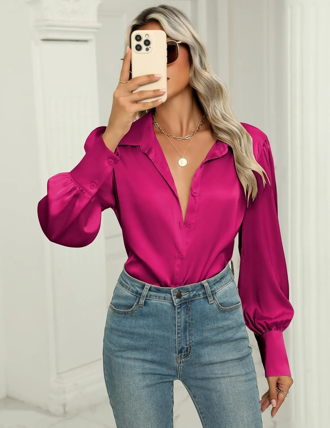 Zeagoo Womens Satin Blouse Lantern Long Sleeve Silk Button Down Shirt Dressy Casual Business Work Tunic Tops