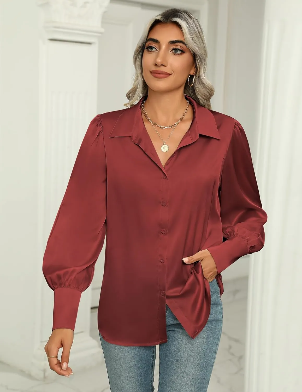 Zeagoo Womens Satin Blouse Lantern Long Sleeve Silk Button Down Shirt Dressy Casual Business Work Tunic Tops