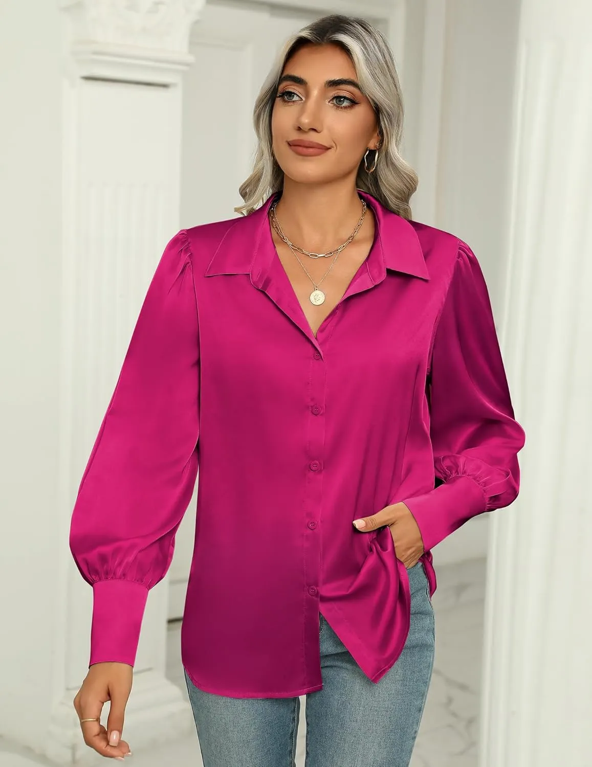 Zeagoo Womens Satin Blouse Lantern Long Sleeve Silk Button Down Shirt Dressy Casual Business Work Tunic Tops