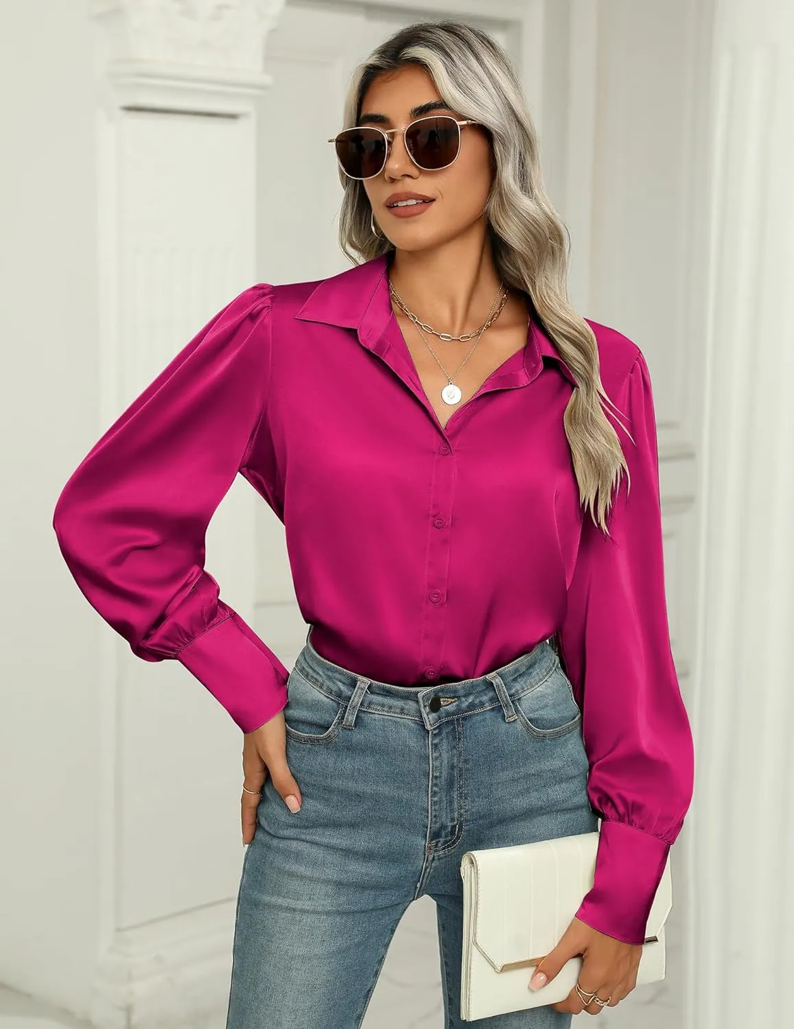 Zeagoo Womens Satin Blouse Lantern Long Sleeve Silk Button Down Shirt Dressy Casual Business Work Tunic Tops