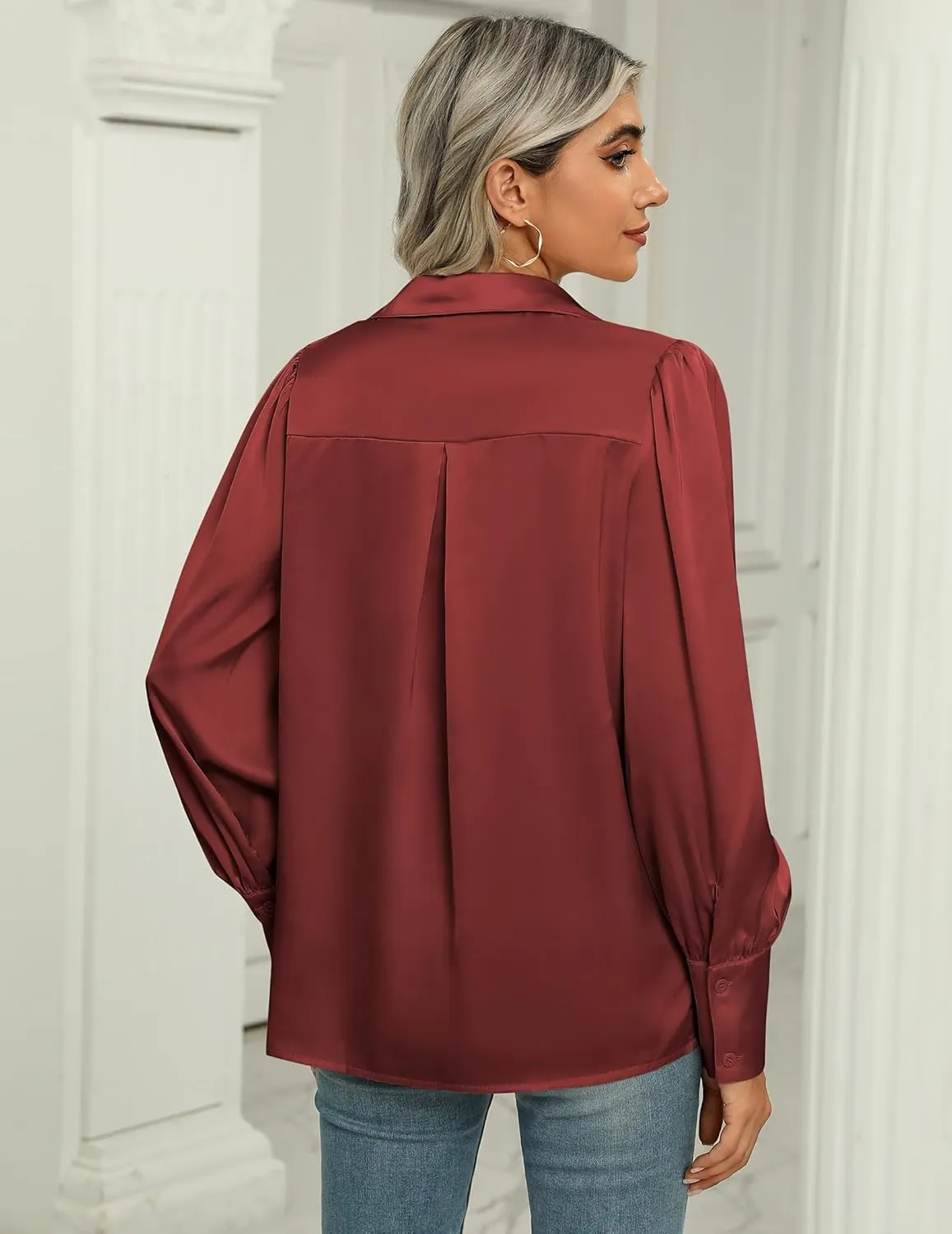 Zeagoo Womens Satin Blouse Lantern Long Sleeve Silk Button Down Shirt Dressy Casual Business Work Tunic Tops