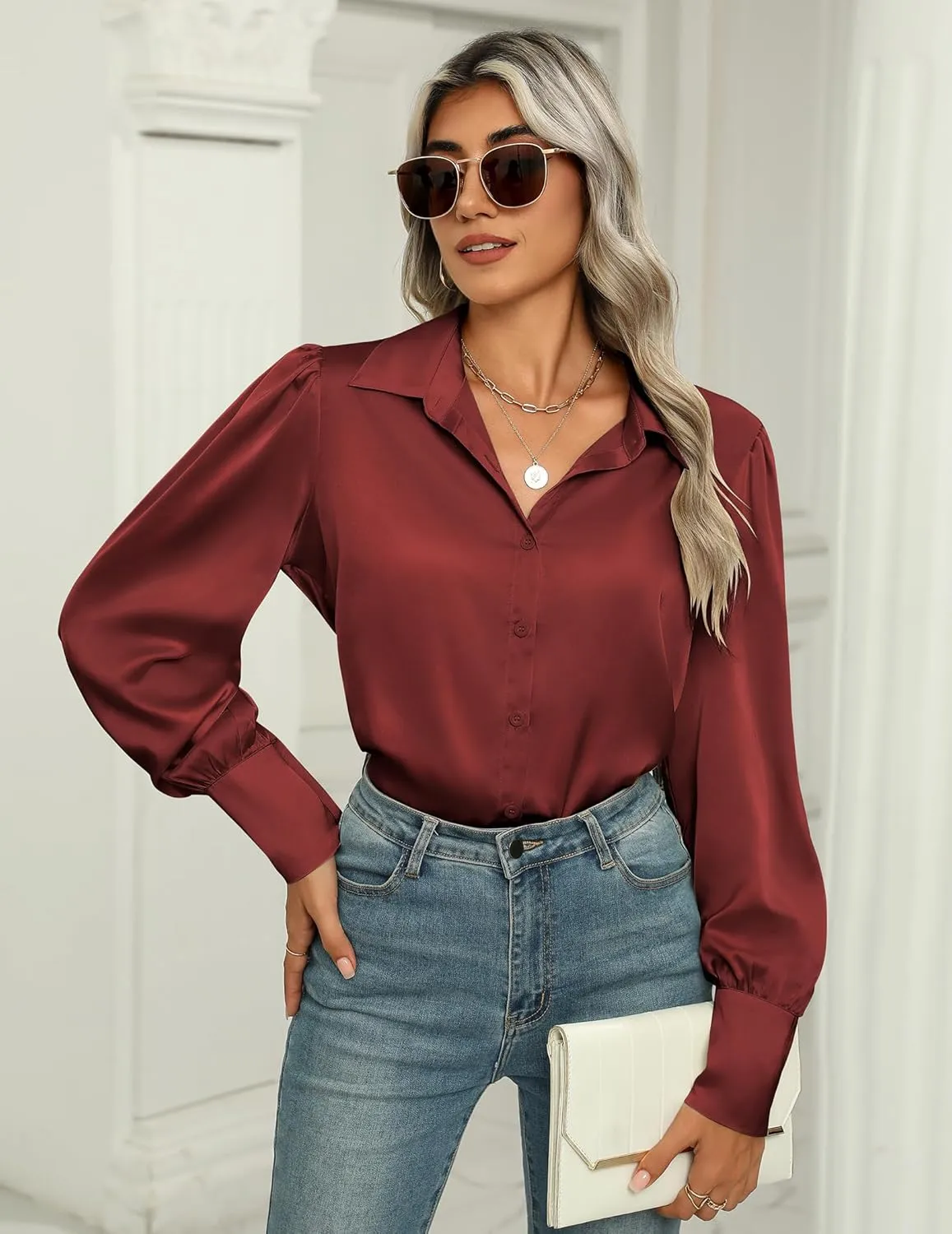 Zeagoo Womens Satin Blouse Lantern Long Sleeve Silk Button Down Shirt Dressy Casual Business Work Tunic Tops