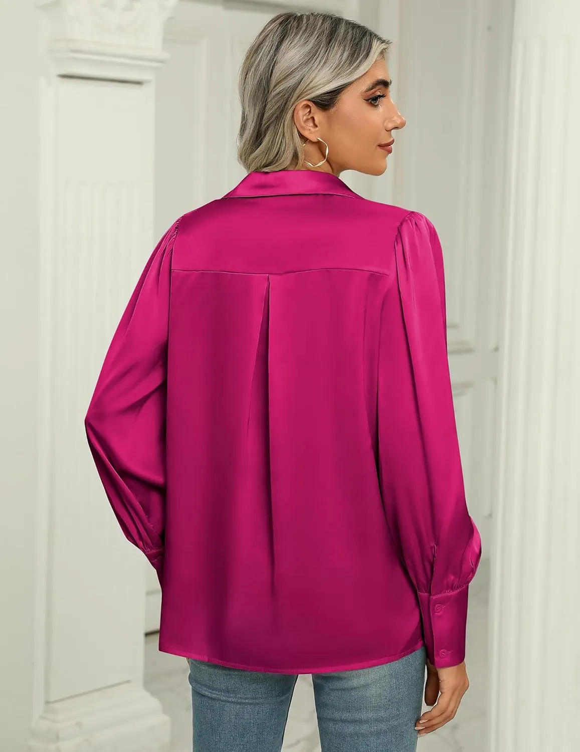 Zeagoo Womens Satin Blouse Lantern Long Sleeve Silk Button Down Shirt Dressy Casual Business Work Tunic Tops