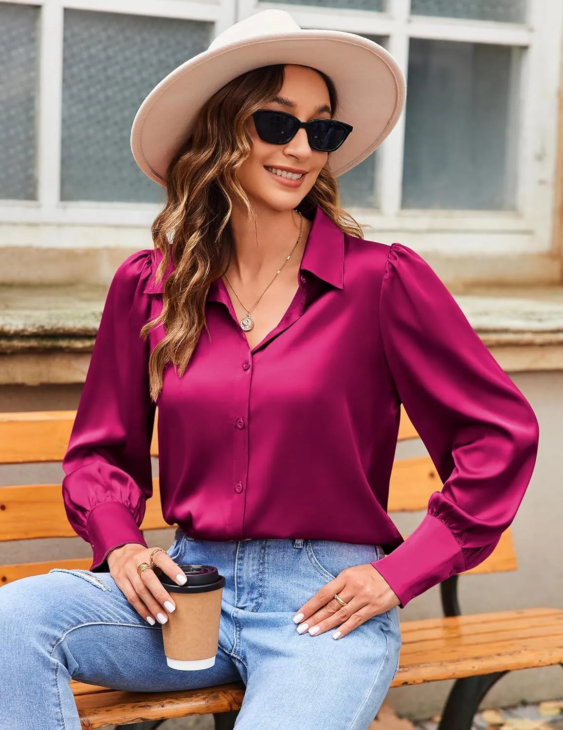 Zeagoo Womens Satin Blouse Lantern Long Sleeve Silk Button Down Shirt Dressy Casual Business Work Tunic Tops