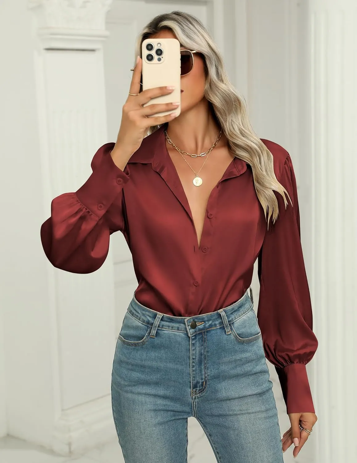 Zeagoo Womens Satin Blouse Lantern Long Sleeve Silk Button Down Shirt Dressy Casual Business Work Tunic Tops
