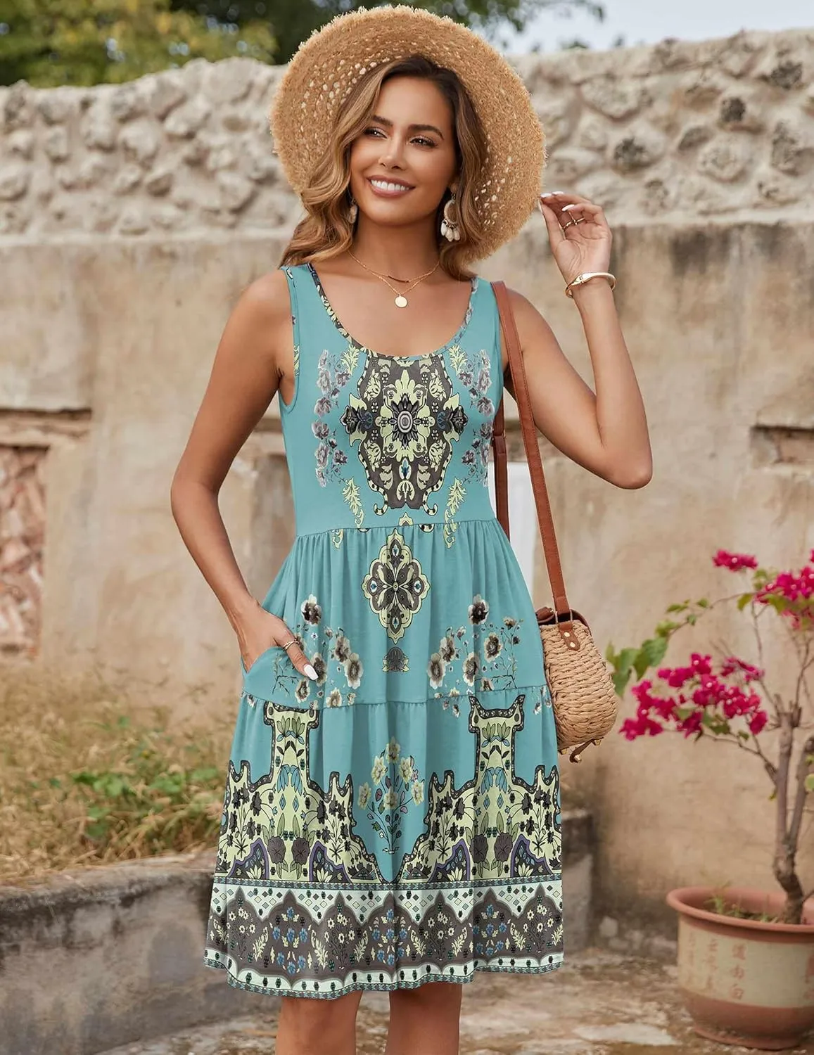 Zeagoo Womens Summer Sundress Boho Floral Casual Tank Dresses with Pockets Sleeveless Tiered Swing A Line Beach Dress